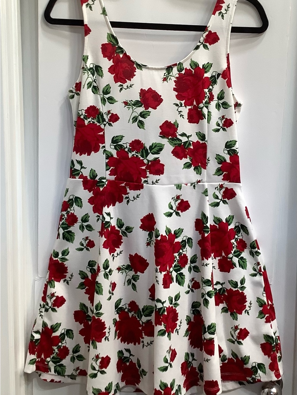 H&M Divided Red Floral Rose Print Textured Knit Fit & Flair Skater Mini Dress